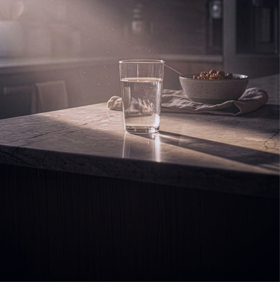 A clear glass of water sits on a kitchen counter in warm, dramatic sunlight, with a bowl and sliced fruit nearby and a dark kitchen background with a refrigerator.