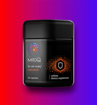 MitoQ curcumin supplement container on a gradient red to purple background