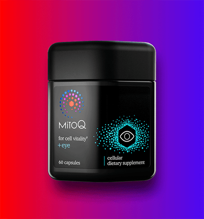 MitoQ +eye supplement container on a gradient red to purple background