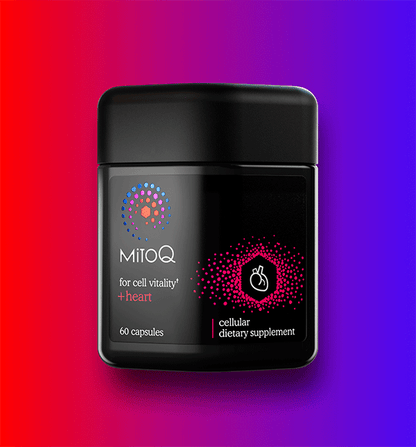 MitoQ +heart supplement container on a gradient red to purple background